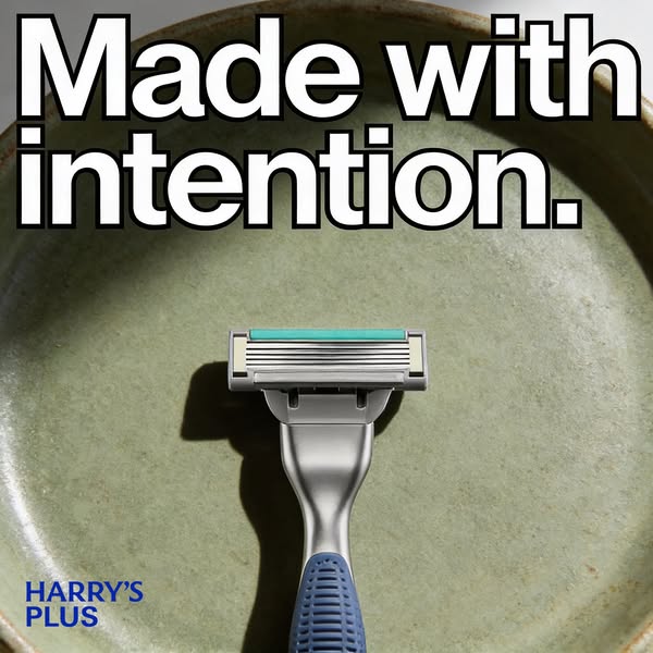 This image ad showcases the Harry's Plus razor by featuring it in the center of the image against a clean, neutral b
