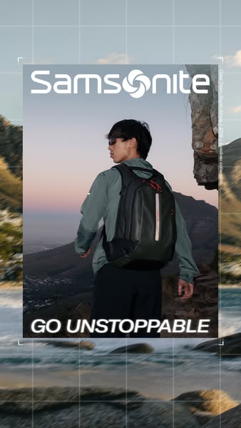 This image ad showcases a Samsonite backpack as part of their "Go Unstoppable" campaign. It features a person 