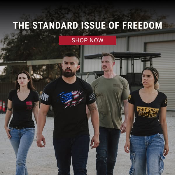 This ad features four people wearing graphic t-shirts. The ad promotes a brand that celebrates freedom and patriotism th