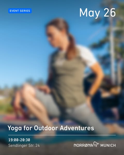 This image ad promotes a yoga event hosted by Norrøna Munich, designed for outdoor adventures, scheduled for May 26, fro