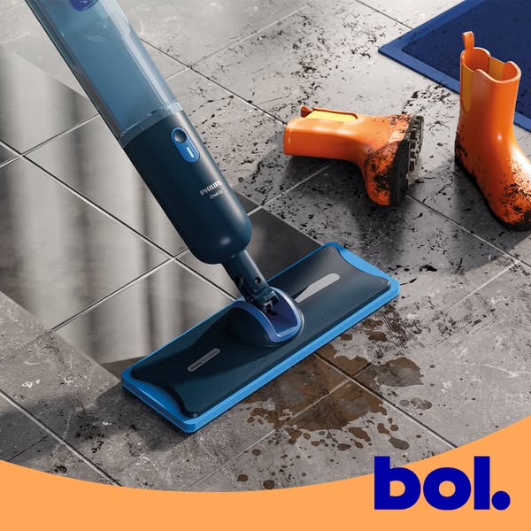 This ad features a Philips OneGo cordless mop, used to clean dirty tile floors. A pair of dirty, orange rain boots sit n