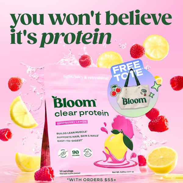 This image ad promotes Bloom Nutrition's Clear Protein in Raspberry Lemon flavor, highlighting its benefits and a li