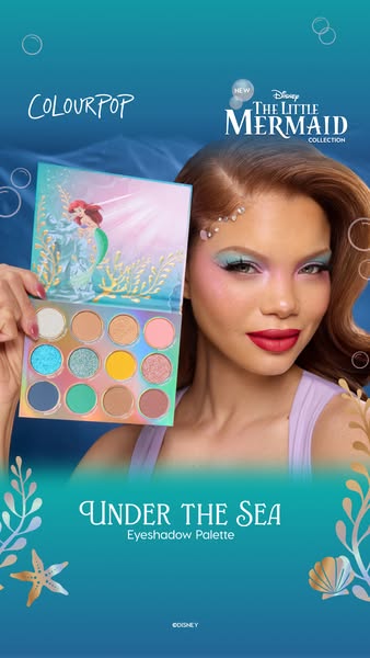 The ad features a woman holding and displaying a ColourPop eyeshadow palette. The palette is a collaboration with Disney