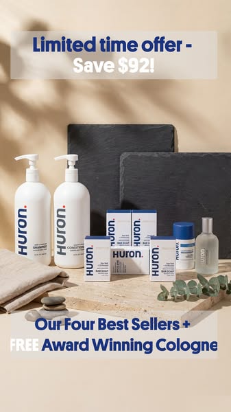 Image ad showcasing Huron's four best-selling products and a free award-winning cologne offer, emphasizing savings a