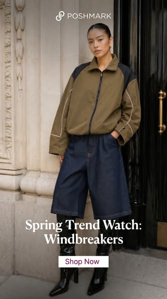 This image ad for Poshmark showcases a woman modeling a windbreaker with a call to action to shop now.