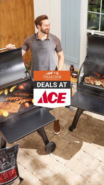The ad features a man standing in front of two Traeger grills with the text overlay "DEALS AT ACE".