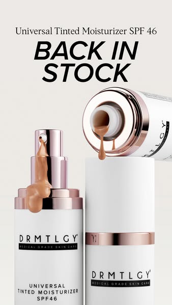 This image ad showcases DRMTLGY's Universal Tinted Moisturizer SPF 46, highlighting its restock. The ad features clo