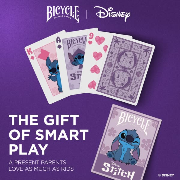 This ad promotes a Bicycle brand deck of playing cards in collaboration with Disney's Stitch character, emphasizing 