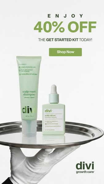 This image ad promotes Divi's 'Get Started Kit' with a 40% off offer. It features the scalp reset shampoo an