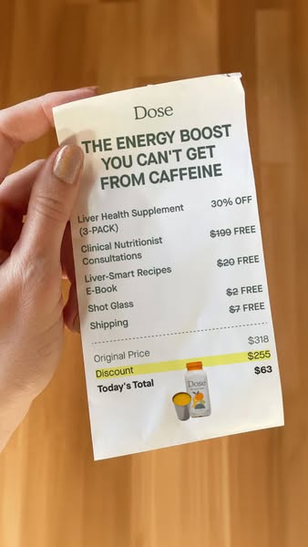 This image ad uses a receipt visual to communicate the deep discounts available on Dose's liver health supplement. B