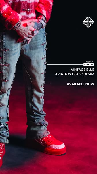 This ad promotes Luar La L's Vintage Blue Aviation Clasp Denim, highlighting their unique design and current availab