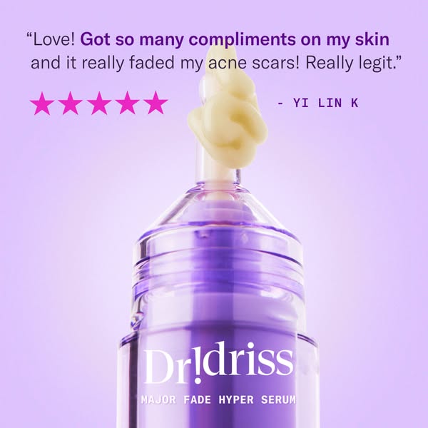 This image ad features a close-up of Dr. Idriss Major Fade Hyper Serum, highlighted by a five-star review and customer q