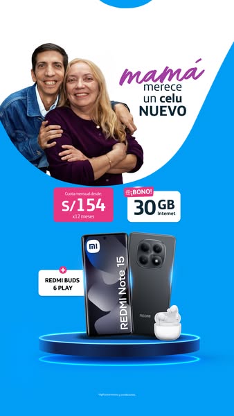 This image ad promotes Redmi smartphones, targeting customers in Peru. The ad features a middle-aged mother and son and 
