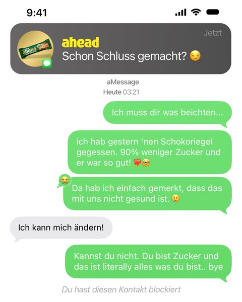 This ad uses a screenshot of a text message conversation to promote a low-sugar chocolate bar. In the conversation, one 