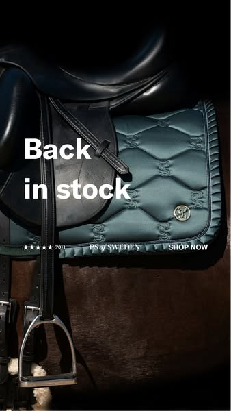 A single image ad for PS of Sweden featuring their teal saddle pad. The image highlights that the saddle pad is back in 
