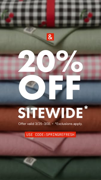 This image ad promotes a 20% off sitewide sale for a brand that sells textiles. The image features a stack of folded tex