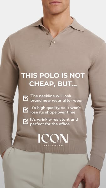 The ad features a tan colored long-sleeved polo shirt and promotes it as a high quality wrinkle-resistant garment that w