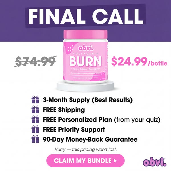 This image ad is promoting Obvi's collagenic burn product. It highlights an offer for $24.99/bottle, which is down f