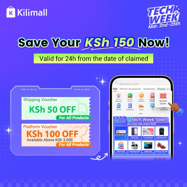 This image promotes a sale from Kilimall for Tech Week, which runs from March 2-25th. The promotion includes a shipping 