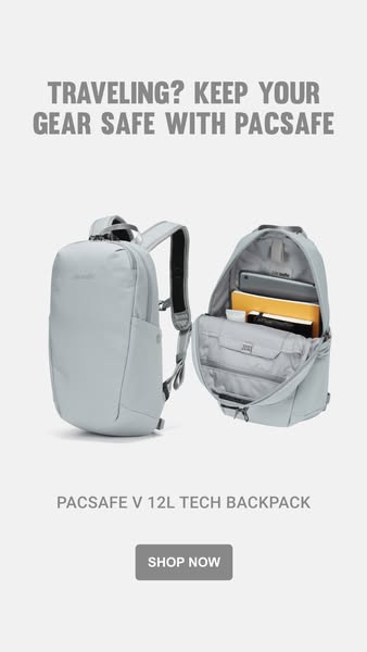 This ad features the Pacsafe V 12L Tech Backpack. The ad features the product, a headline asking if the viewer is travel