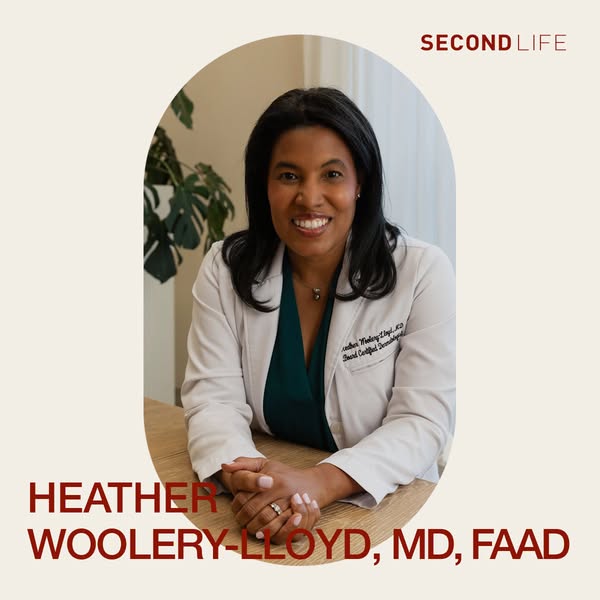 The ad features Heather Woolery-Lloyd, MD, FAAD, a board-certified dermatologist. She is sitting at a desk with a plant 