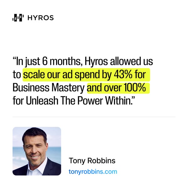 This ad features a quote from Tony Robbins as social proof for HYROS, a platform that allowed him to scale his ad spend 