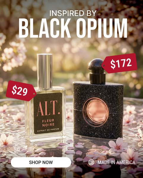 This ad compares a more affordable fragrance product to a popular luxury fragrance product. The visual contrasts both pr