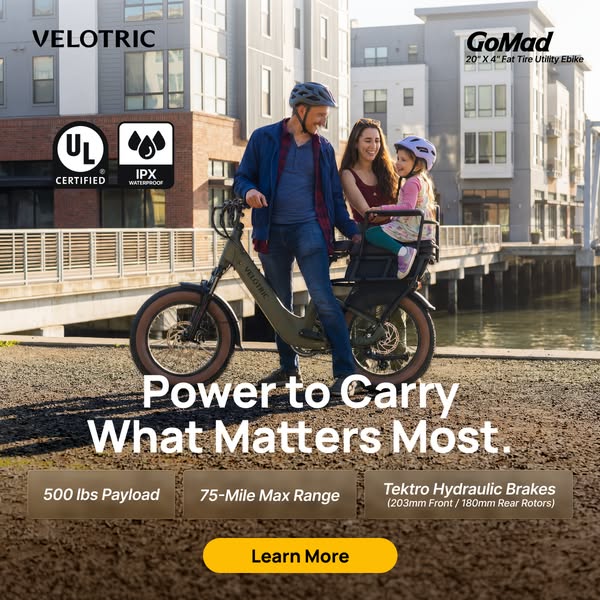 This ad features a family riding a Velotric GoMad 20" X 4" Fat Tire Utility Ebike. The ad emphasizes the bike&