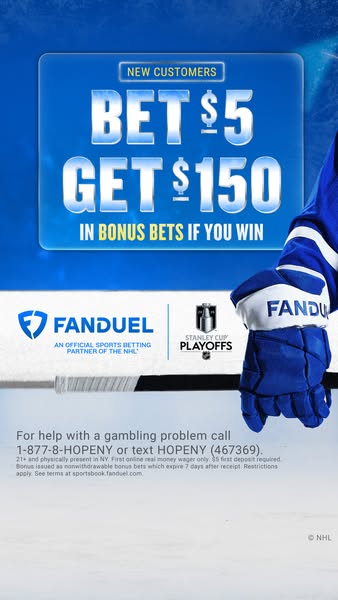 The ad promotes a betting offer for new Fanduel customers, offering $150 in bonus bets if they win after betting $5. The