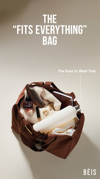This image ad for BÉIS features their East to West Tote. The advertisement shows the tote filled with many personal item