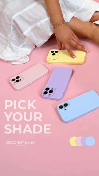 This image ad features several colorful Coconut Lane phone cases against a pink background. The ad encourages viewers to