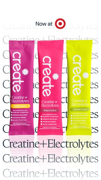 The image is an ad for Create+ Electrolytes, promoting its availability at Target. It features three different flavors o
