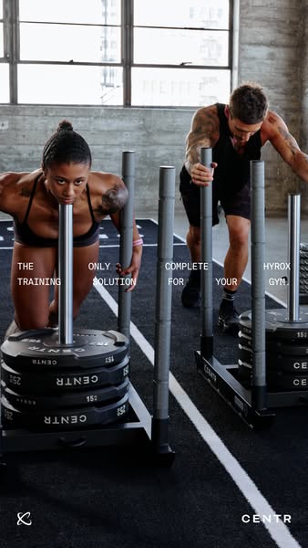 This ad features a man and a woman pushing a weight sled, and it promotes Centr as a way to complete the Hyrox gym.