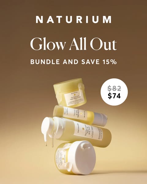 Image ad for Naturium Glow All Out bundle, including Glow-Getter Multi-Oil Body Wash, Glow-Getter Body Scrub, and Multi-