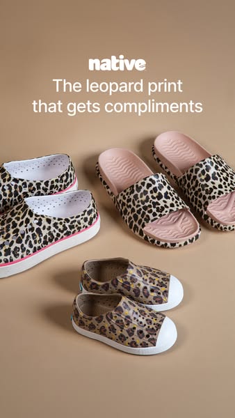 This image ad showcases a collection of Native shoes in a leopard print design, highlighting the brand name and the styl