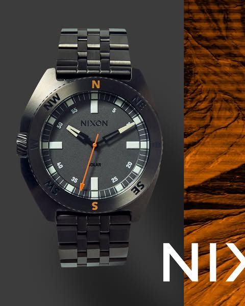 This ad showcases a men's SOLAR watch from NIXON, featuring a stylish black metal design.