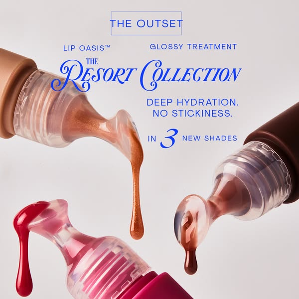 This ad showcases three different shades of the Lip Oasis Glossy Treatment from The Outset's Resort Collection. The 