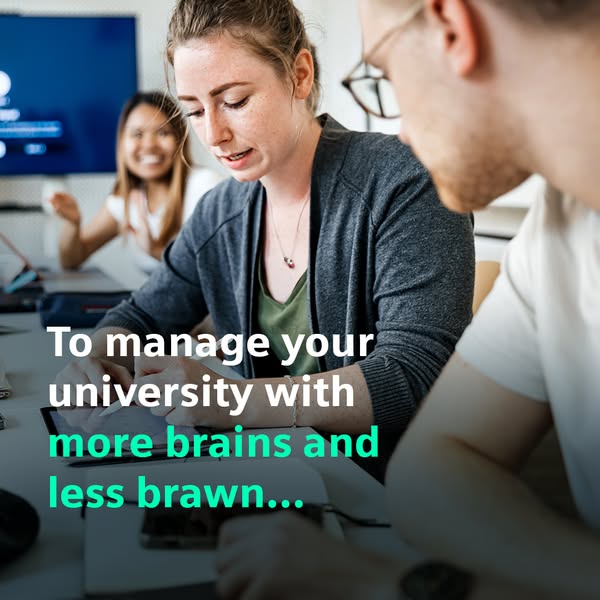 This ad promotes a university management system. The ad features three students sitting at a table, with the text overla