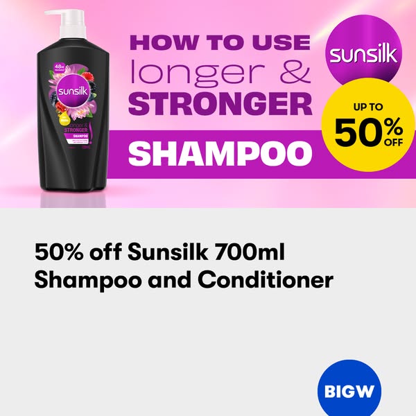 This ad promotes Sunsilk shampoo and conditioner for longer and stronger hair, highlighting a 50% discount available at 