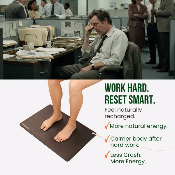 The ad presents the problem of feeling exhausted and stressed from a long day of work and presents a grounding mat as th