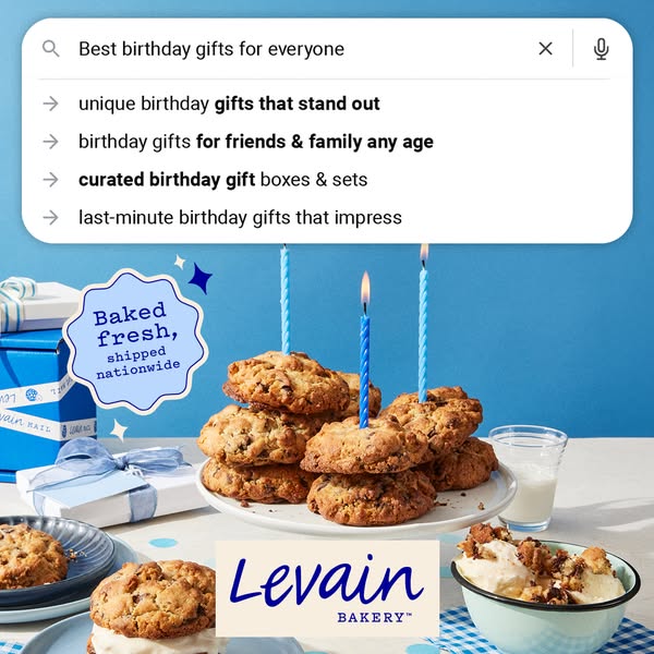 The ad showcases Levain Bakery cookies presented as a perfect birthday gift. The ad simulates a search results page high