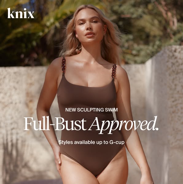 This image ad for Knix features a woman wearing a brown one-piece swimsuit. The ad highlights that Knix swimsuits are ‘F