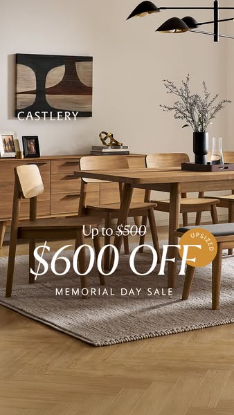 An advertisement featuring an indoor dining room setup that is running a Memorial Day sale of up to $500 off, but $600 o
