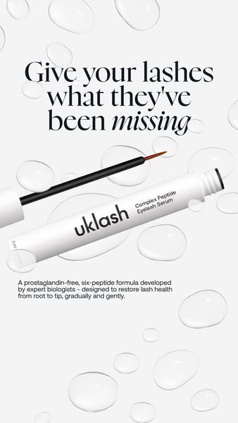 This ad for Uklash eyelash serum features a close-up of the product with its applicator. It promises to restore lash hea