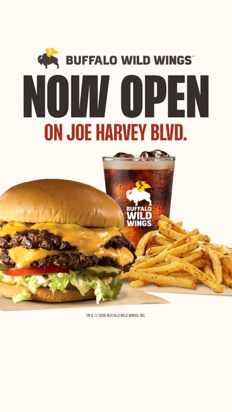 This image ad by Buffalo Wild Wings announces the opening of a new location on Joe Harvey Blvd. The ad features a large,