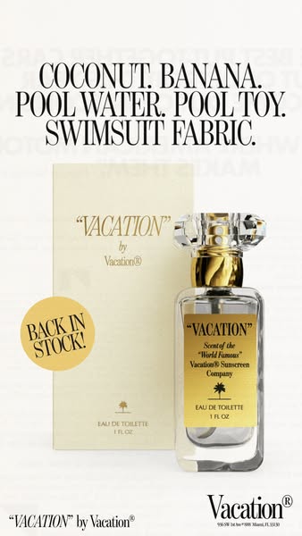 This image ad showcases the "Vacation" perfume by Vacation, highlighting its unique scent profile reminiscent 