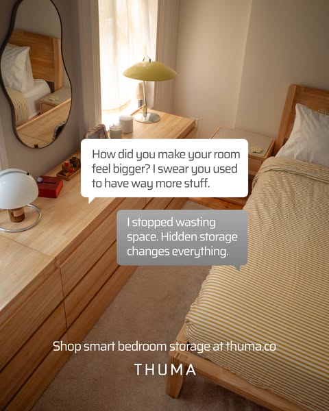 This ad shows a neatly organized bedroom featuring a Thuma bed. The ad uses a question-and-answer format to highlight ho