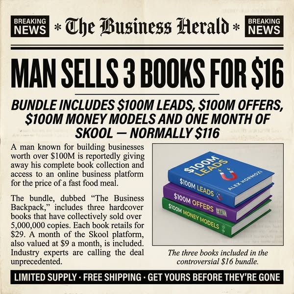 An advertisement formatted like a newspaper article promotes a bundle of three hardcover books, each focused on business