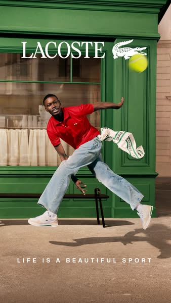 This image ad showcases a man in Lacoste apparel, frozen mid-motion as if playing tennis, aiming to blend the worlds of