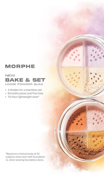 The ad features Morphe's new Bake & Set Loose Powder Quad and highlights its key features and benefits. The visu